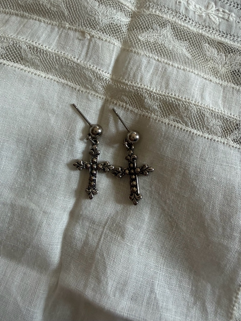 Vintage Avon Faux Marcasite Cross Earrings, 1992, Silver Tone, Gothic Fleur-de-L